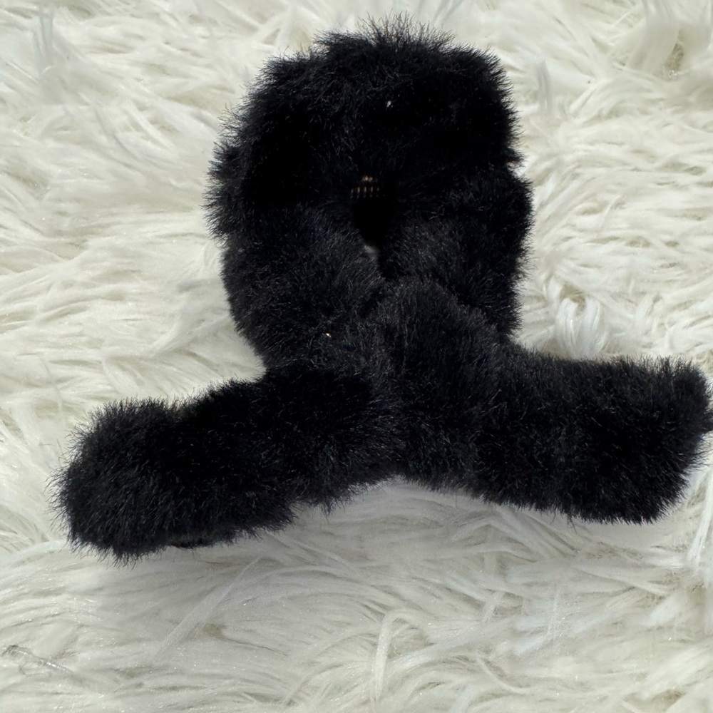Plush Black Faux rabbit Fur Hair Clip
